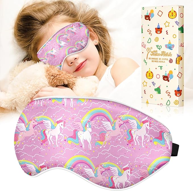 Kids Sleep Mask - Silk Eye Mask for Kids Cute Cartoon Cool Kawaii Soft Smooth Lightweight Boys Girls Teens Sleeping Mask with Adjustable Straps, Unicorn - Bloomnest
