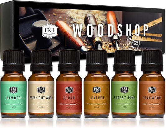 P&J Trading Fragrance Oil Woodshop Set | Forest Pine, Fresh Cut Wood, Leather, Teakwood, Bamboo, and Cedar Candle Scents for Candle Making, Freshie Scent, Soap Making Supplies, Diffuser Oil Scents - Bloomnest