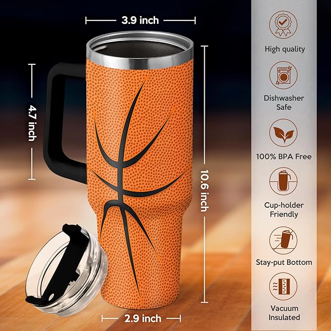 SANDJEST Basketball Tumbler with Handle 40oz Lid & Straw, Insulated Coffee Cup Gifts for Men Boys Players, Christmas Birthday - Bloomnest