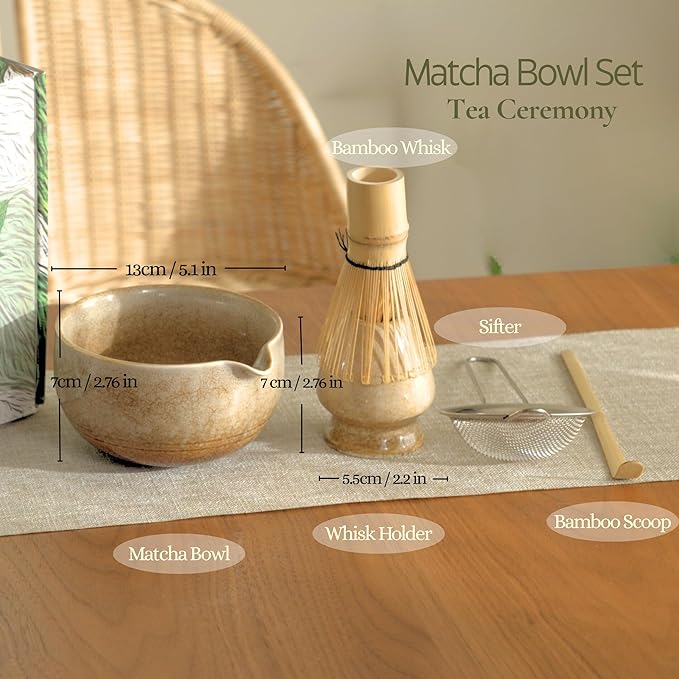 Matcha Whisk Set, Matcha Set, Handcrafted Bamboo Chasen & Ceramic Bowl Matcha Kit, 5 Pcs Matcha Set Whisk and Bowl with Stainless Steel Sifter, Bamboo Scoop & Holder for Matcha Tea Ceremony,Taupe - Bloomnest