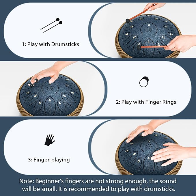 Steel Tongue Drum 12 Inch 15 Notes, Steel Drums Instruments for Kids Adults, Hand Pan Drum with Music Book, Drum Mallets and Carry Bag, Handpan C Major, Navy Blue - Bloomnest