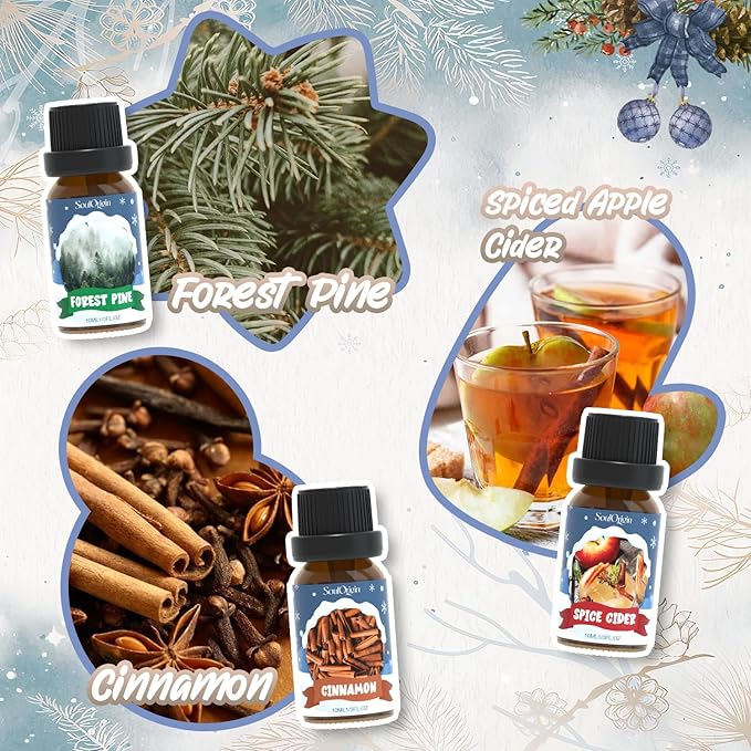 Winter Essential Oils Set, Fragrance Oil Gift Set for Oil Diffusers, Scented Oils for Soap 6x10ml - Forest Pine, Spiced Apple Cider, Cinnamon, Mint Hot Chocolate, Gingerbread, and Cranberry - Bloomnest