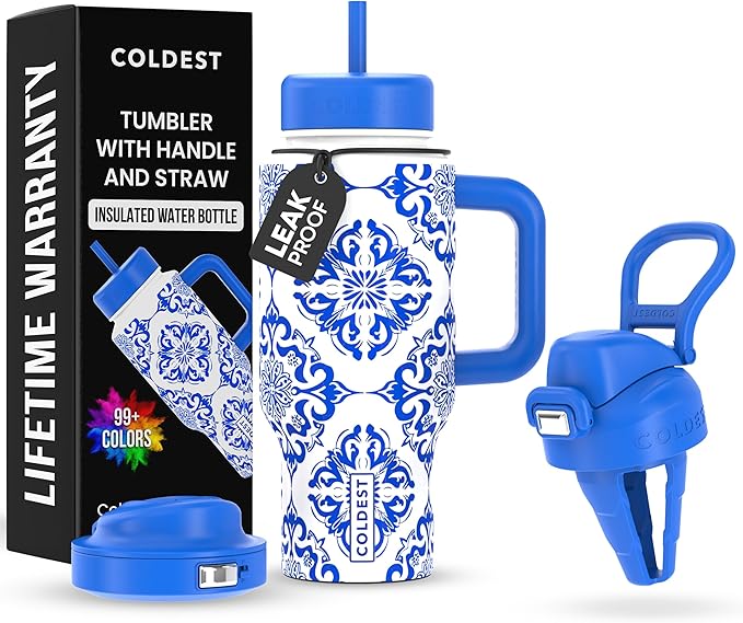 Coldest Tumbler with Handle and Coffee Lid - 100% Spill Proof Tumbler with Straw (3 Lids) - Stainless Steel Insulated Leakproof Tumblers for Women & Men - Cup Holder Friendly - 24 oz (The European) - Bloomnest