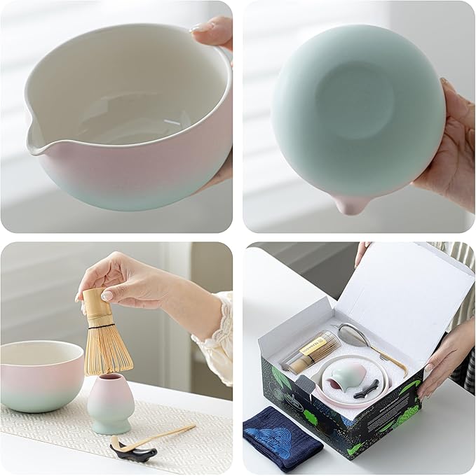 TEANAGOO Matcha Whisk Set Pink,Ceremony Matcha Set Kit Grident Pink,Matcha Tea Set for Making Breakfast/Latte,7 Pcs Matcha Whisk Set and Bowl with All Accessories,Gift for Family/Friend - Bloomnest
