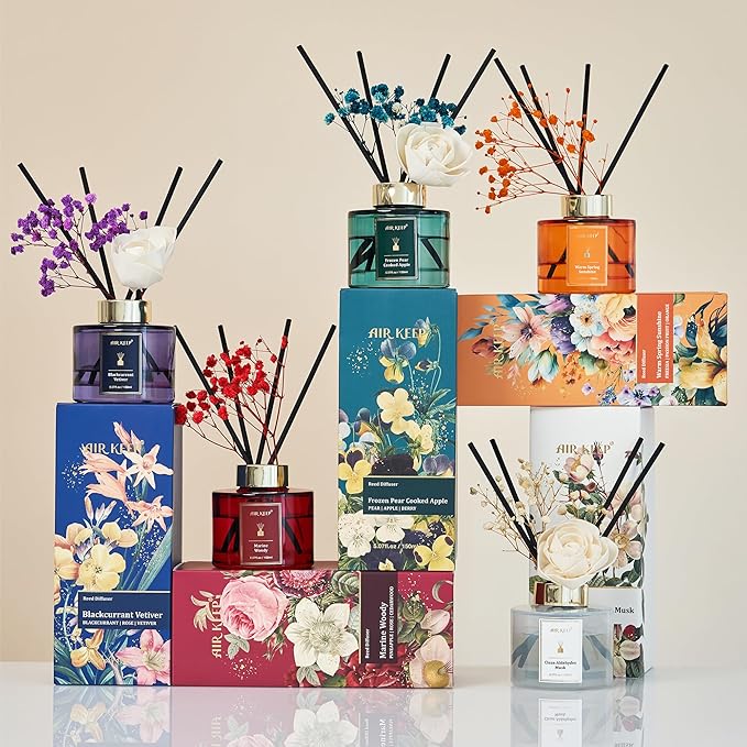 Airkeep Flower Reed Diffusers Set, 5.07 oz Blackcurrant Vetiver Scented Oil Diffuser with 8 Reed Sticks, Home Fragrance Diffuser Gift Set for Bathroom & Office Decor 150ml - Bloomnest