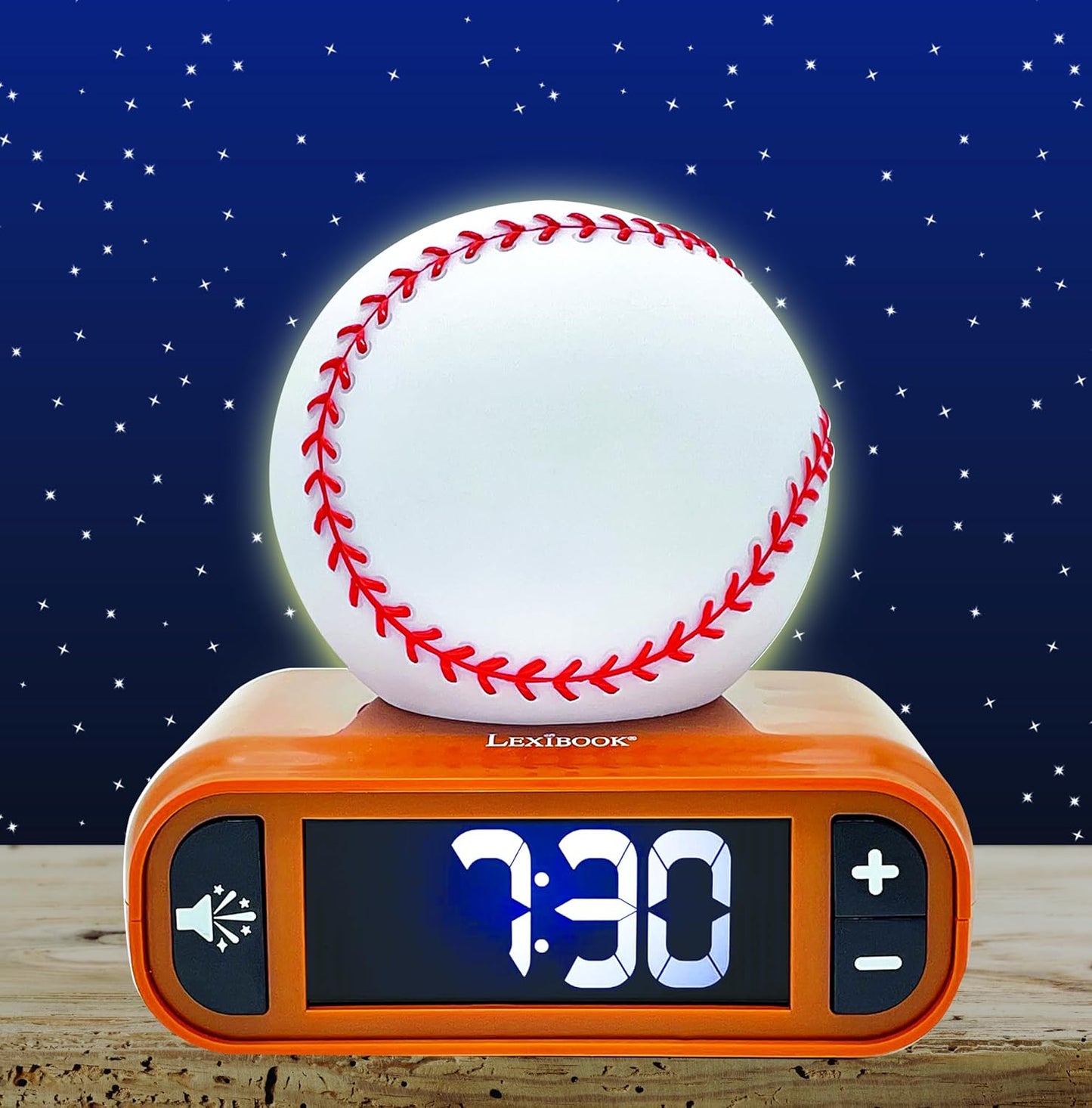 LEXiBOOK, Baseball - Baseball Nightlight Alarm Clock, Sounds and Melodies, LCD Backlit Screen, Luminous, Snooze, Brown/White, RL800BL