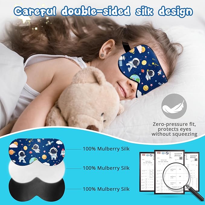 Kids Sleep Mask Eye Cover: 100% Real Natural Pure Silk Eye Mask with Adjustable Strap, Funny Blindfold Kids Eye Mask for Sleeping, Soft & Lightweight Eye Shade for Boys Girls Teens (Space Style) - Bloomnest