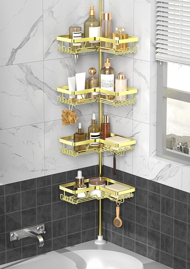 KEGII Corner Gold Shower Caddy Tension Pole - 4-Tier Rustproof Shower Rod Organizer, Floor to Ceiling Tension Rod 25-114.2 inch, Stainless Steel Corner Shower Shelf, Waterproof - Bloomnest