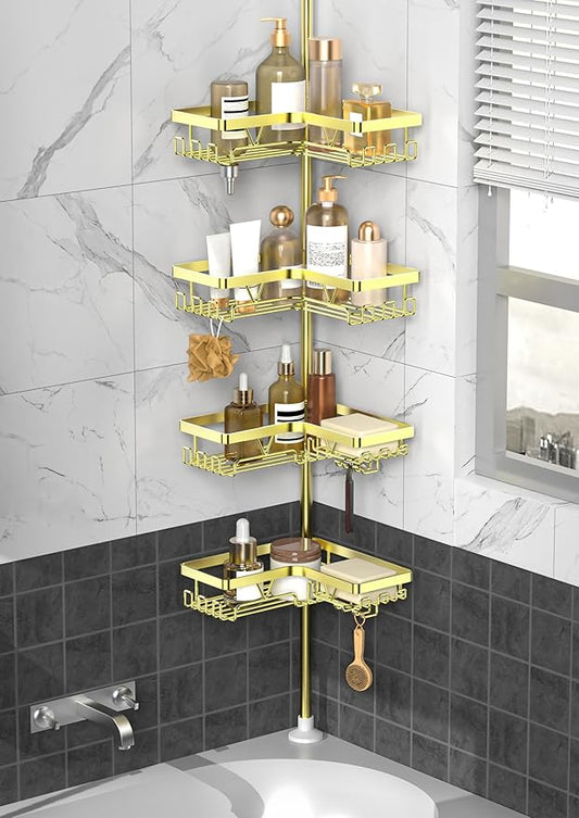 KEGII Corner Gold Shower Caddy Tension Pole - 4-Tier Rustproof Shower Rod Organizer, Floor to Ceiling Tension Rod 25-114.2 inch, Stainless Steel Corner Shower Shelf, Waterproof - Bloomnest