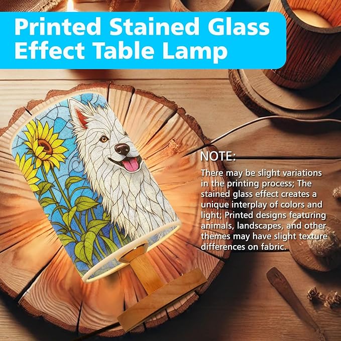 Samoyed Table Lamp LED 3-Color Pressed Bedside, Dog Shade Lamp with Wood Base for Bedroom Living Room Desk Office - Bloomnest