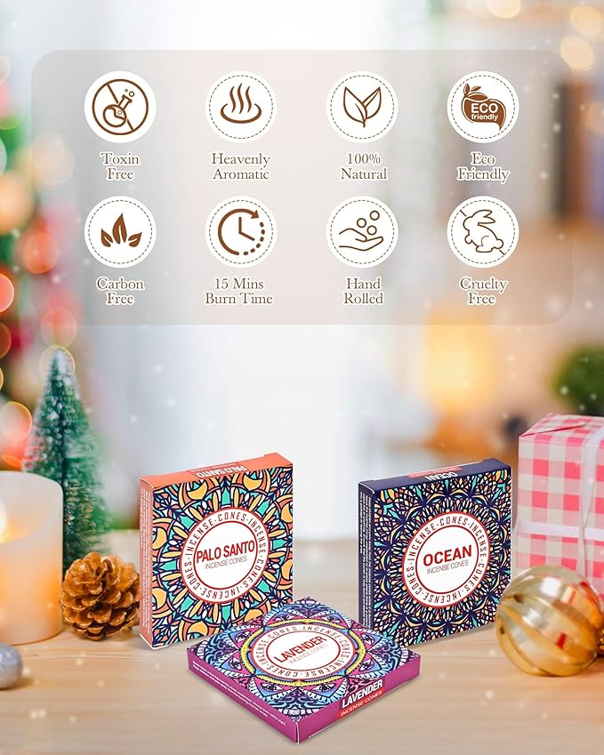 Incense Cones Set - Lavender, Jasmine, Sandalwood, Palo Santo, Rose, White Sage for Meditation & Yoga Pavocristatus