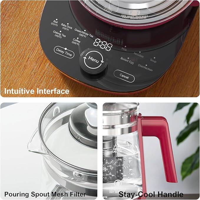 Electric Kettle, 1.5L Borosilicate Glass Hot Water Kettle Electric & Tea Kettle for Coffee or Tea, BPA Free, Auto Shut-Off, Stainless Steel, Red, 1200w - Bloomnest