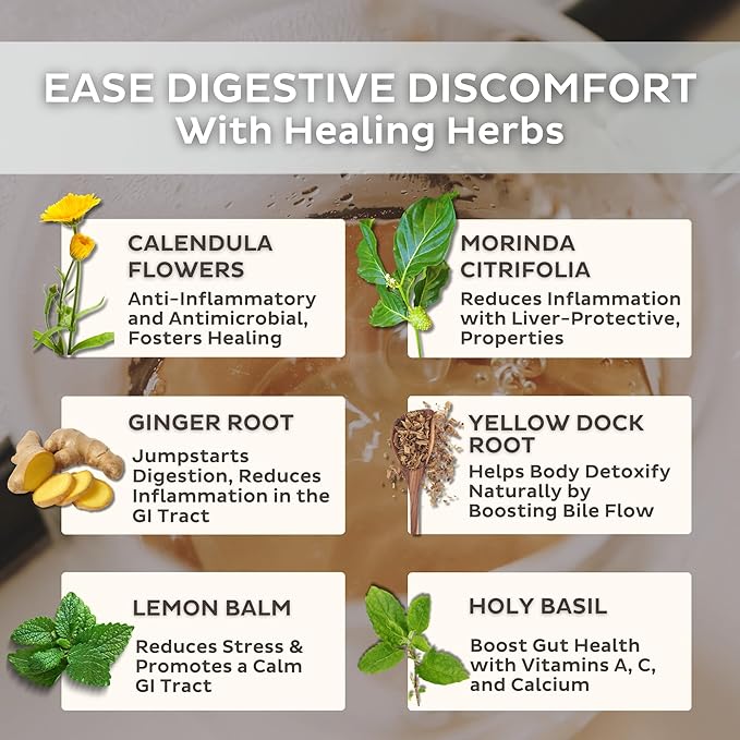 Trust Your Gut Organic Herbal Tea Blend – Lemon Balm, Holy Basil, Dandelion & Ginger Root – Supports Healthy Digestion & Gut Balance – Poha Berry, 30 Bags - Bloomnest