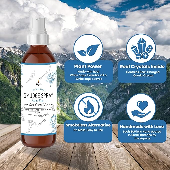 SOUL STICKS White Sage with Pearl Smudge Spray – 3.5oz Smokeless Energy Mist – Quartz Crystal & Pearl Infused Aura Cleanser – Spiritual Spray for Emotional Balance, Protection & Inner Peace SoulSticks