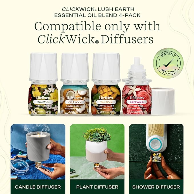 ClickWick Essential Oil Blends for Lifelines Diffusers, 4-Pack Lush Earth Collection - Essential Oil Blend Refill for Candle, Plant & Shower Aromatherapy Diffuser - Fragrance for Diffusers - Bloomnest