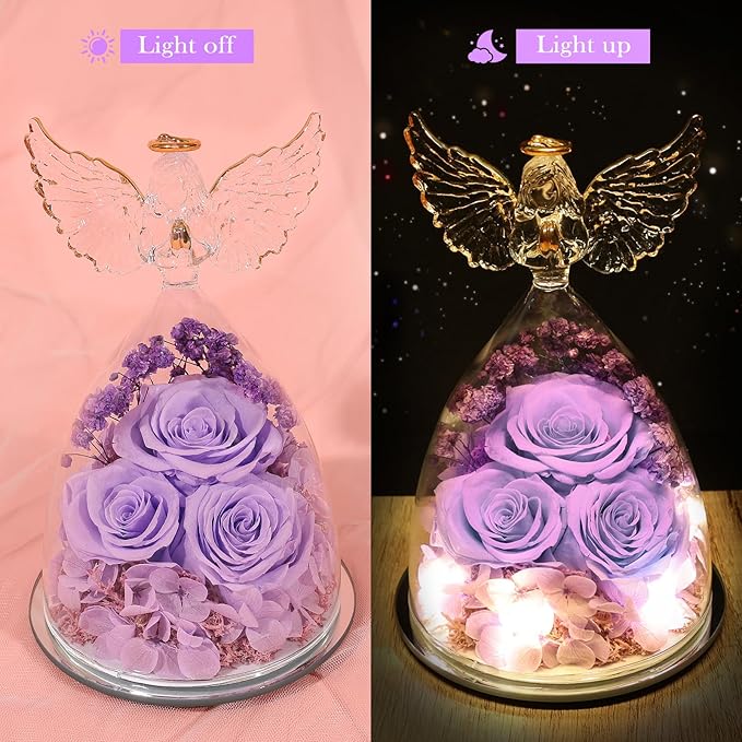 Valentines Day Gifts for Women Preserved Flower Rose, Forever Eternal Flowers in Glass Angel Figurines Real Purple Roses for Delivery Prime for Grandma Mom Sister Her Wife for Mothers Day Birthday - Bloomnest
