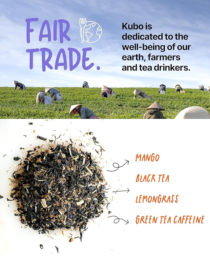 Kubo Tea Lemon Mango Black Tea - Organic High Caffeine Energy Blend - 20 Pyramid Tea Bags (155mg Caffeine each) - Healthy Sugar Free Coffee Substitute for Hot and Iced Drinks - Biodegradable Packaging - Bloomnest
