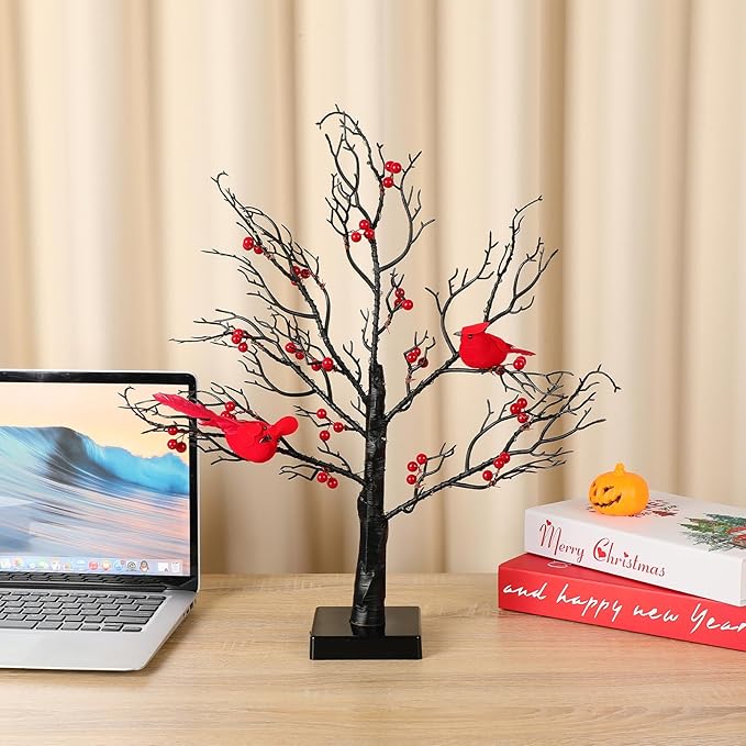 Vintage Glowing Tree with Cardinals, 21in Vintage Glowing Tree, Battery Operated Twinkle Trees Lamp with Lighted Branches, for Christmas Halloween Home Party Décor Lamp Tree - Bloomnest