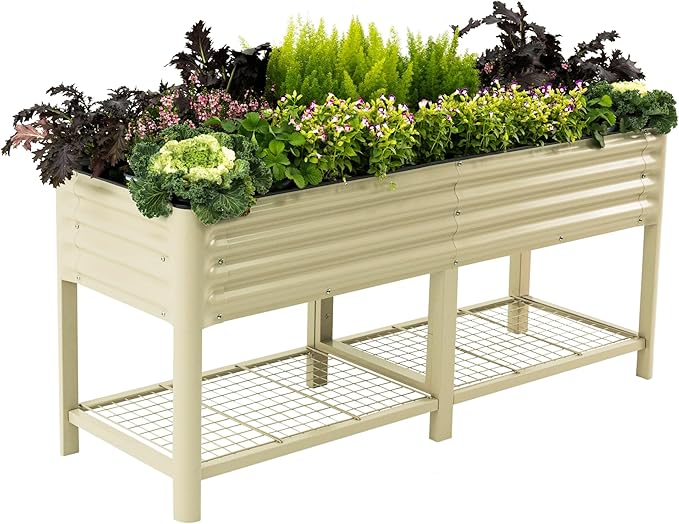 Elevated Raised Garden Bed-V Series, 2' x 6' Garden Beds with Legs & Storage Rack for Patio Porch, 1000 Lbs Weight Capacity, Outdoor Planter Boxes for Gardening Herbs Vegetables Flowers, Pearl White - Bloomnest