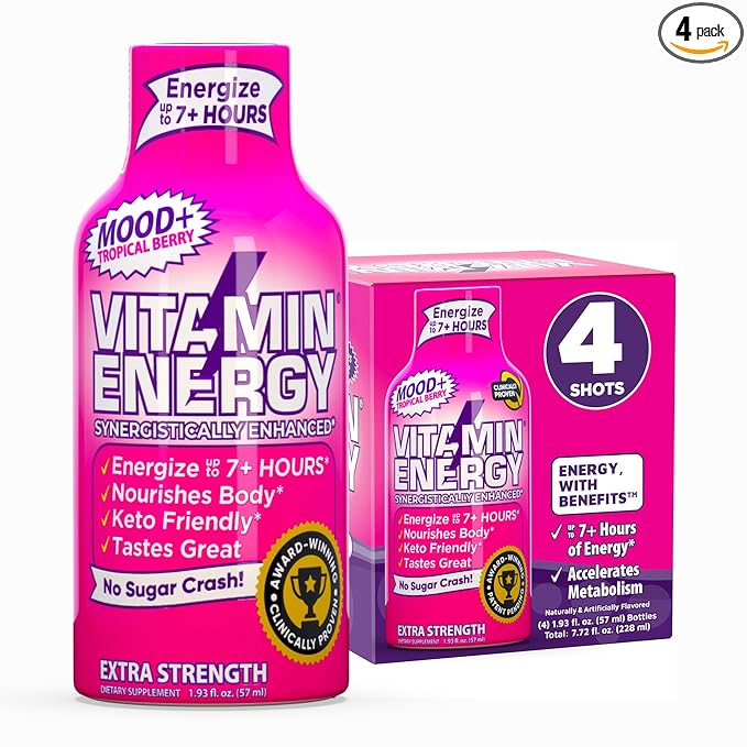 Vitamin Energy Mood+ Extra Strength Energy Shot Tropical Berry 4 Pack, 260mg Natural Caffeine, B-Vitamins, Rhodiola, Chamomile, Mood & Energy Support, Zero Sugar, Gluten-Free, Vegan, 1.93 fl oz - Bloomnest