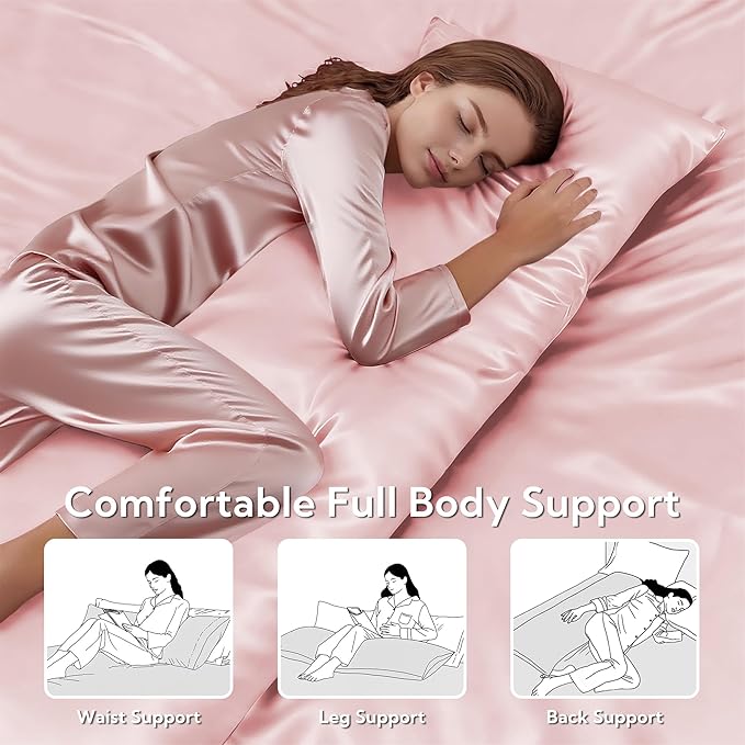 MR&HM Satin Body Pillow Cover, Soft and Breathable Body Pillow Case with Envelope Closure, Cooling and Silky Long Pillowcase for Hair and Skin,Grey (20x54, Light Pink) - Bloomnest