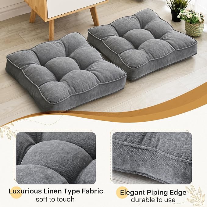 Floor Pillow Set of 2, Memory Foam Floor Cushions for Adults, Large Square Meditation Pillow for Sitting, 22 x 22 Inches (Square | Grey)