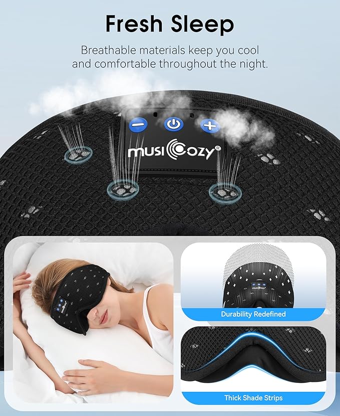 MUSICOZY Sleep Headphones Breathable Sleep Mask Bluetooth 5.4 Wireless Earphones Mask Sleeping Eyemask for Side Sleepers for Women Men Travel Meditation Gift (Mesh Black) - Bloomnest