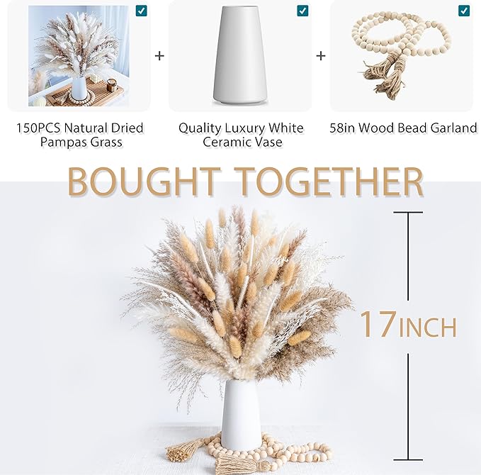 150pcs Pampas Grass + 1 White Ceramic vase + 1 Wood Bead Garland , Boho Home Decor Bouquet Phragmites Dried Flowers Bouquet for Wedding Floral Arrangements Home Decorations - Bloomnest
