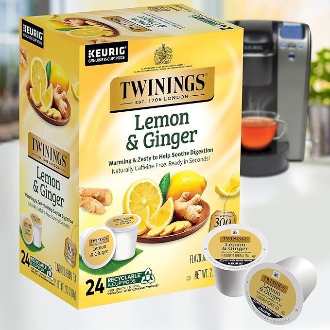Twinings Lemon & Ginger Herbal Tea K-Cup Pods for Keurig, 24 Count (Pack of 1), Tangy & Spicy, Naturally Caffeine-Free, Enjoy Hot or Iced - Bloomnest