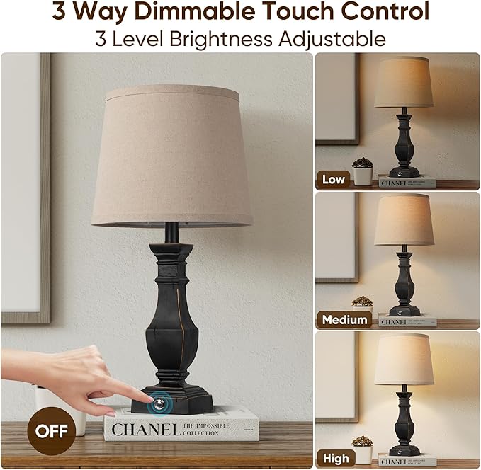 ROTTOGOON Dimmable Table Lamps Set of 2, Rustic Farmhouse Table Lamps for Living Room Bedroom, Bedside Desk Lamps for end Tables, Touch Lamps for nightstand, 9W Bulbs Included, 22", Black - Bloomnest