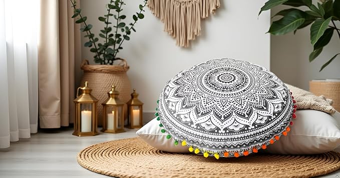 CRAFT KALA Large Round Bohemian Floor Pillow Pouf Cover Mandala Meditation Room Pillow Cover for Adults Boho Seating Poufs Cushion Cover for Kids Playroom 32" Round Grey Ombre - Bloomnest