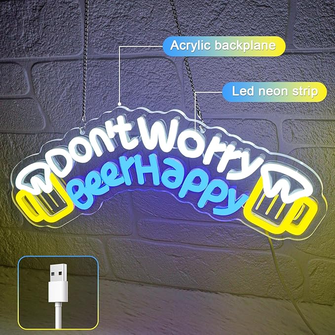 Don't Worry Beer Happy Neon Sign,Bar Sign,Beer Neon Sign,USB Powered with Dimmable Switch,Neon Signs for Wall Decor for Bar,Club,Party,Neon Signs for Man Cave - Bloomnest