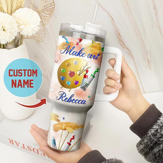 WAZONE Personalized Make Art And She Lived Happily Ever After Stainless Steel Tumbler 40oz with Handle and Straw Insulated Gifts Cool For Girl Painting Lover Painters Artists Teachers - Bloomnest