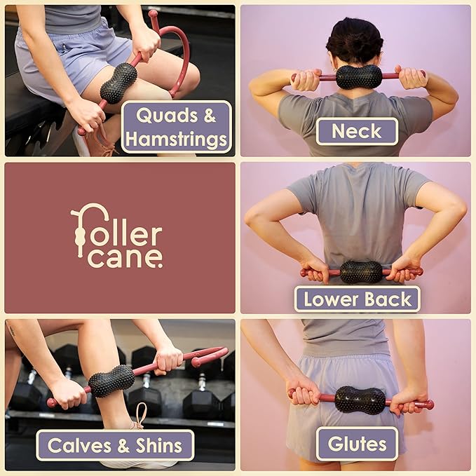 Roller Cane Massager | 2-in-1 Massage Roller Stick & Trigger Point Cane | Rubber Ball for Deep Tissue, Myofascial Release & Muscle Recovery (Red)