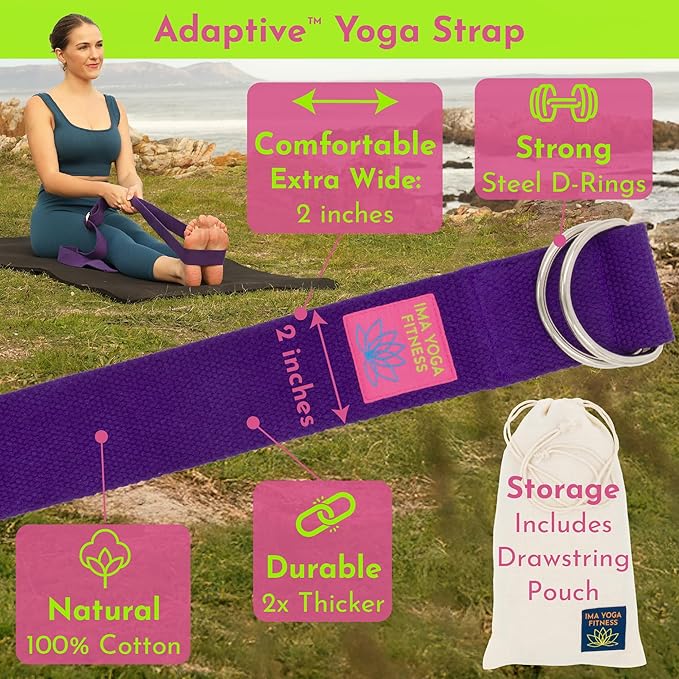 Adaptive Yoga Strap, Stretching Strap, 2 Inches Wide, 100% Naturally Soft Cotton, Steel D-Rings, Includes Natural Cotton Drawstring Storage Pouch and Instructional E-Book - Bloomnest