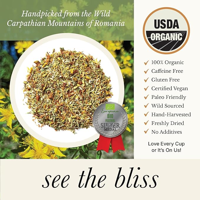 Wild Bliss Organic St Johns Wort Tea - Caffeine Free Mood Balance Support Herbal Tea - Pharmacopoeia Potency - Loose Leaf 3.52 Oz - 50 Servings - Bloomnest