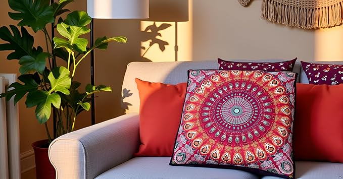 INDIAN CRAFT CASTLE 24" Red Peacock Mandala Barmeri Large Floor Pillow Cover Cushion Meditation Seating Ottoman Throw Cover Hippie Decorative Zipped Bohemian Pouf Ottoman Pom Pom Cases 24" Square - Bloomnest