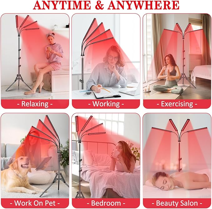 SAVILER® Red Light Therapy with 4 Heads, 3-in-1 Chip Infrared Light Therapy Device, Adjustable Stand, 660nm Red Light and 850nm Near Infrared Light for Face, Body, Pain,Skin, Home Use