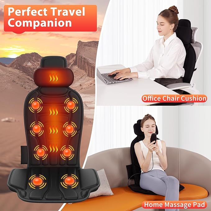 Heated Vibration Massage Chair Pad with 8 Motors – 5 Massage Modes & Adjustable Heat Levels, Memory Foam Back Massager Cushion for Office Chair, or Home Use - Bloomnest