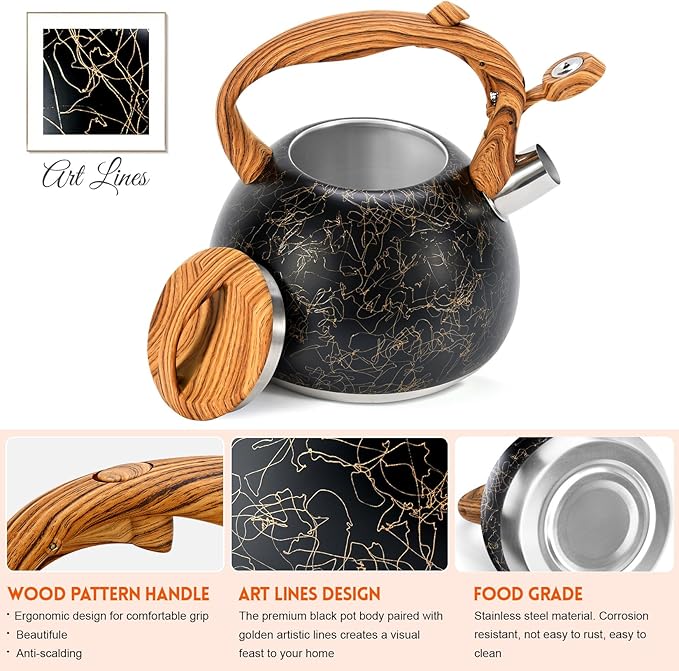 GGC Tea Kettle for Stove Top, Loud Whistling Kettle for Boiling Water Coffee or Milk, 3.1 Quart Stainless Steel Art Line Black Kettle with Wood Pattern Handle, Unique Button Control Kettle Outlet - Bloomnest