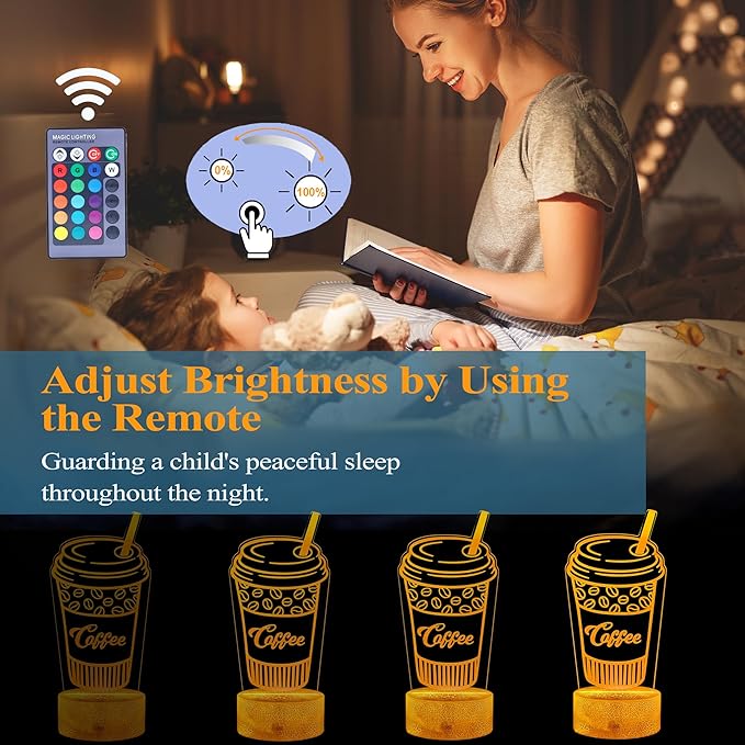 Coffee Gift, Coffee Cup Decor, 3D Illusion Night Light Lamp, 16 Colors Changing, Remote Control, Dimmable, Cafe Shop Room Decoration - Bloomnest