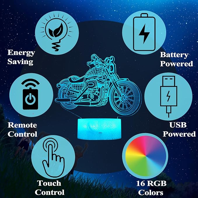 Motorcycle Gifts, Motorcycle Night Light, Motorbike 3D Illusion Lamp, 16 Colors Changing, Timer, 4 Flash Modes and Dimmable，LED, Kids Room Decoration, Xmas Birthday Gifts - Bloomnest