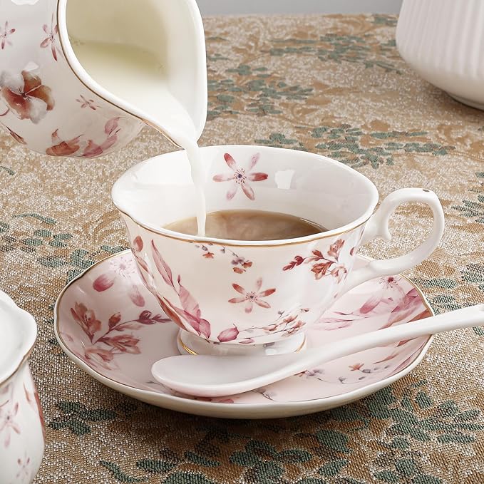 fanquare 21 Pieces British Porcelain Tea Set with Gold Trim, Pink Autumn Leaves Floral Tea Sets for Women Tea Party, 6 Teacup and Saucers for Coffee Home Wedding - Bloomnest