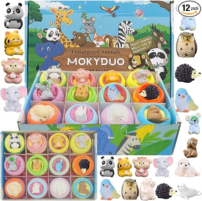 Bath Bombs for Kids with Surprise Inside,12-Pack Natural Organic Kids Bath Bombs with Endangered Animals Toys, Fun & Educational Gift, Ideal Birthday,Christmas,Children's Day Gifts kit - Bloomnest