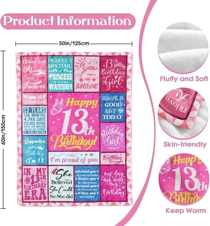13th Birthday Gifts for Girls, 13 Year Old Girl Gifts, 13th Birthday Decorations for Girls, Gifts for 13 Year Old Girl, Teenager Girl Gift Ideas, Birthday Gifts for Teen Girls, Girls Blanket 50"x60" - Bloomnest