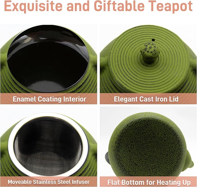 20.3oz Small Cast Iron Teapot, SECHUDO Cast Iron Tea Kettle for Stovetop Safe Coated with Enameled Interior, Iron Tea Pot with Stainless Steel Infuser for Loose Tea (Green Pinstripe Pattern) - Bloomnest