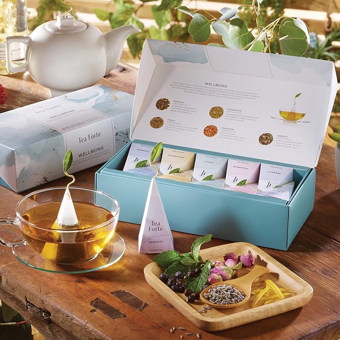 Tea Forte Premium Petite Presentation Box Gift Set Sampler, 10 Count, 2 of Each Blend Individually Wrapped Handcrafted Pyramid Infuser Bags, Wellbeing Tea