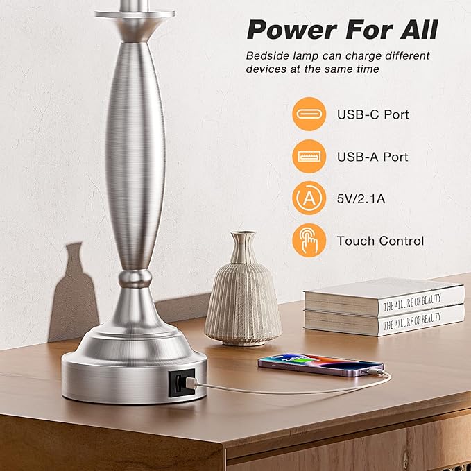 Seealle Lamps for Bedrooms - Touch Control Bedside Lamp with USB C+A, 3 Way Dimmable Nightstand Lamps with USB Port, Brushed Nickel Table Lamp for Living Room Guest Room Bed Side End Table(Single) - Bloomnest
