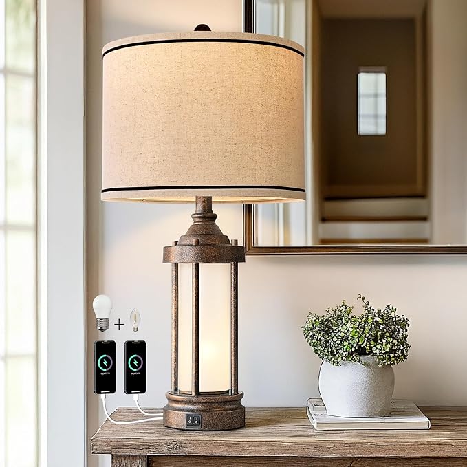 25'' Table Lamp for Living Room Bedroom Farmhouse Metal Lamps with 2 USB Ports, Built-in Frosted Glass Night Light Vintage Industrial Nightstand Bedside End Lamp, 2 Bulbs Included, Bronze - Bloomnest