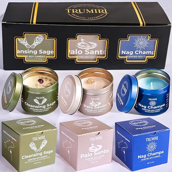 Cleansing Sage, Palo Santo, Nag Champa - Soy Candles Non Toxic - Highly Scented Long Lasting with Essential Oils - Variety Pack of 3 x 5oz - for Home Aromatherapy Meditation Gift Travel TRUMIRI